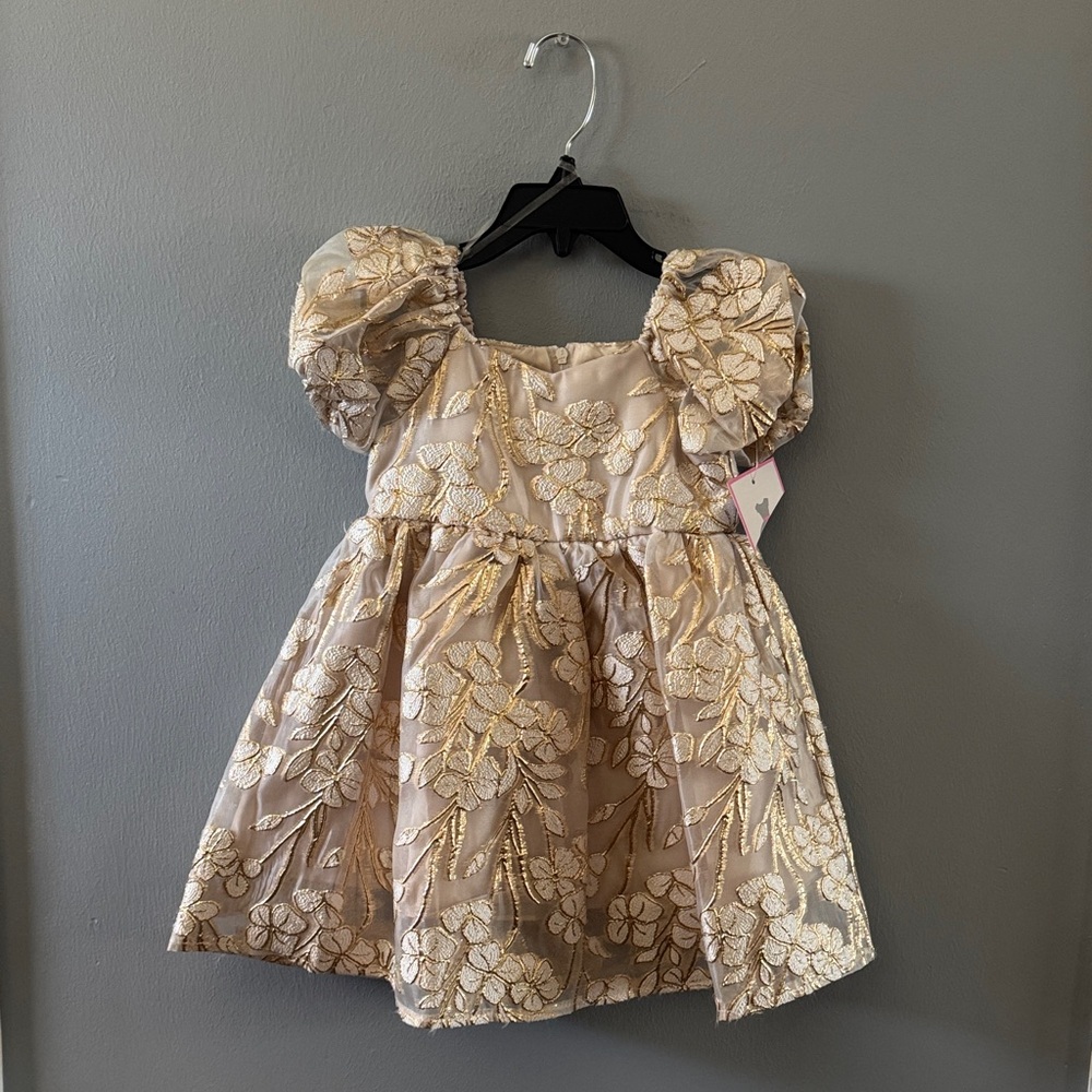Rare Editions Gold and Cream Floral Party Dress for Girls